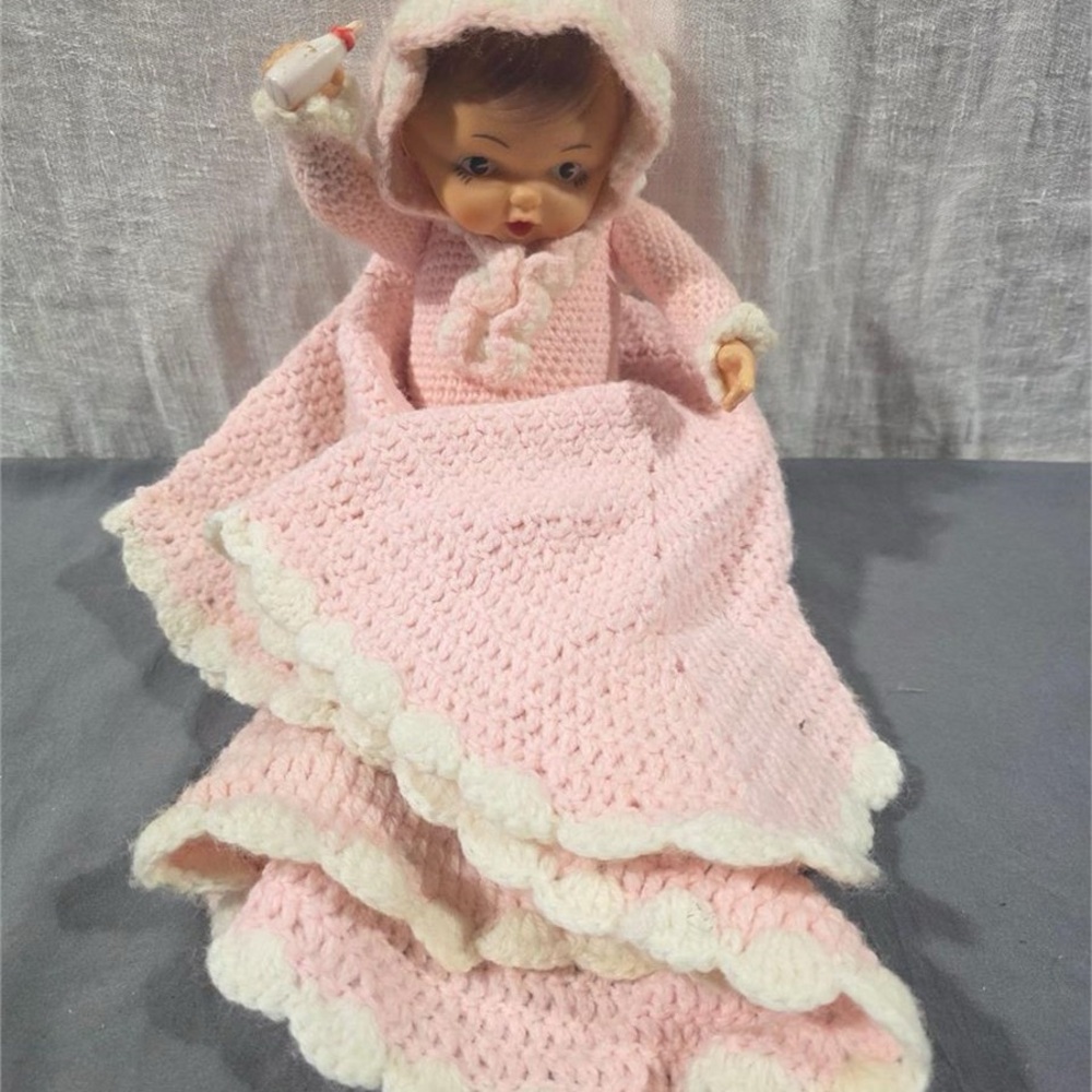 Vintage Pink Crochet Doll with Hooded Cape